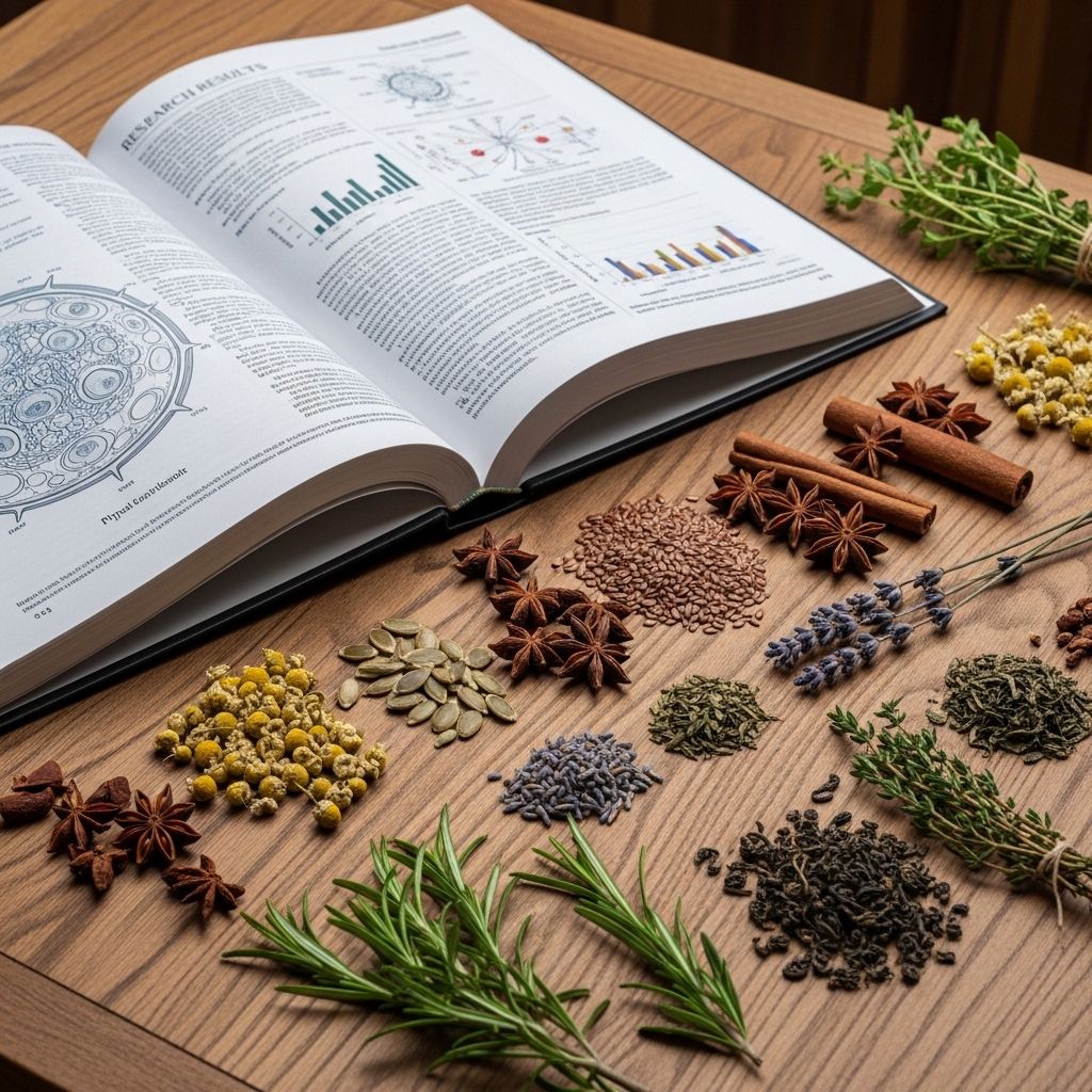 Otwarta książka naukowa z wynikami badań leżąca obok ziół, nasion i naturalnych składników roślinnych na drewnianym blacie, bez widocznych marek i opakowań