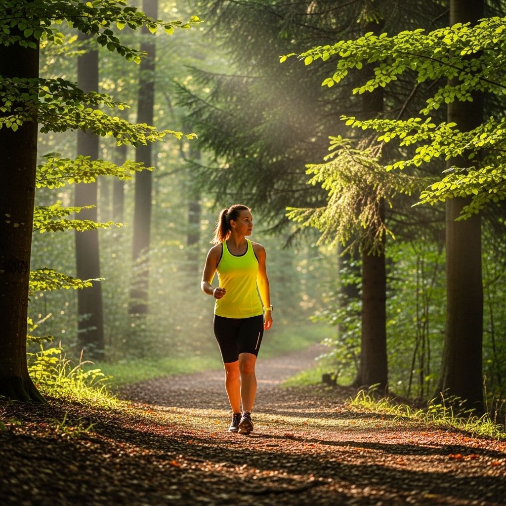 Kobieta w jasnym stroju sportowym spacerująca po leśnej ścieżce wśród drzew w ciepłym porannym świetle, symbolizująca spokojną aktywność cardio na świeżym powietrzu