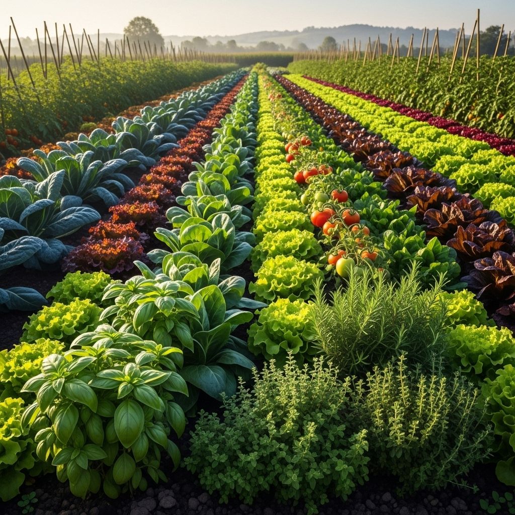 Panoramiczne ujęcie zielonego ogrodu warzywnego z rzędami świeżych warzyw liściastych, pomidorów i ziół w porannym świetle, symbolizujące naturalne, zbilansowane odżywianie