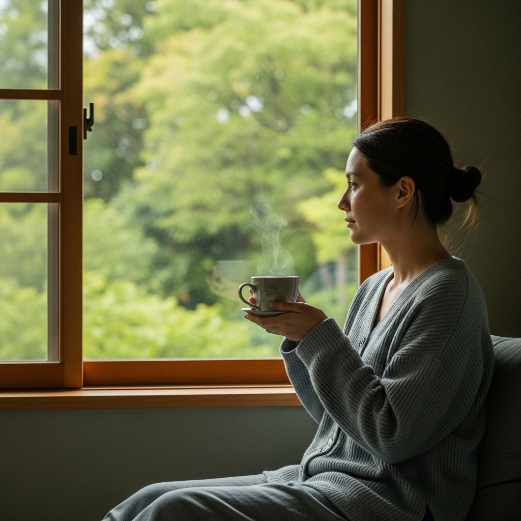 Spokojna, zamyślona osoba siedząca przy oknie z widokiem na zieleń, trzymająca herbatę, miękkie naturalne światło, stonowane kolory, atmosfera wyciszenia i równowagi
