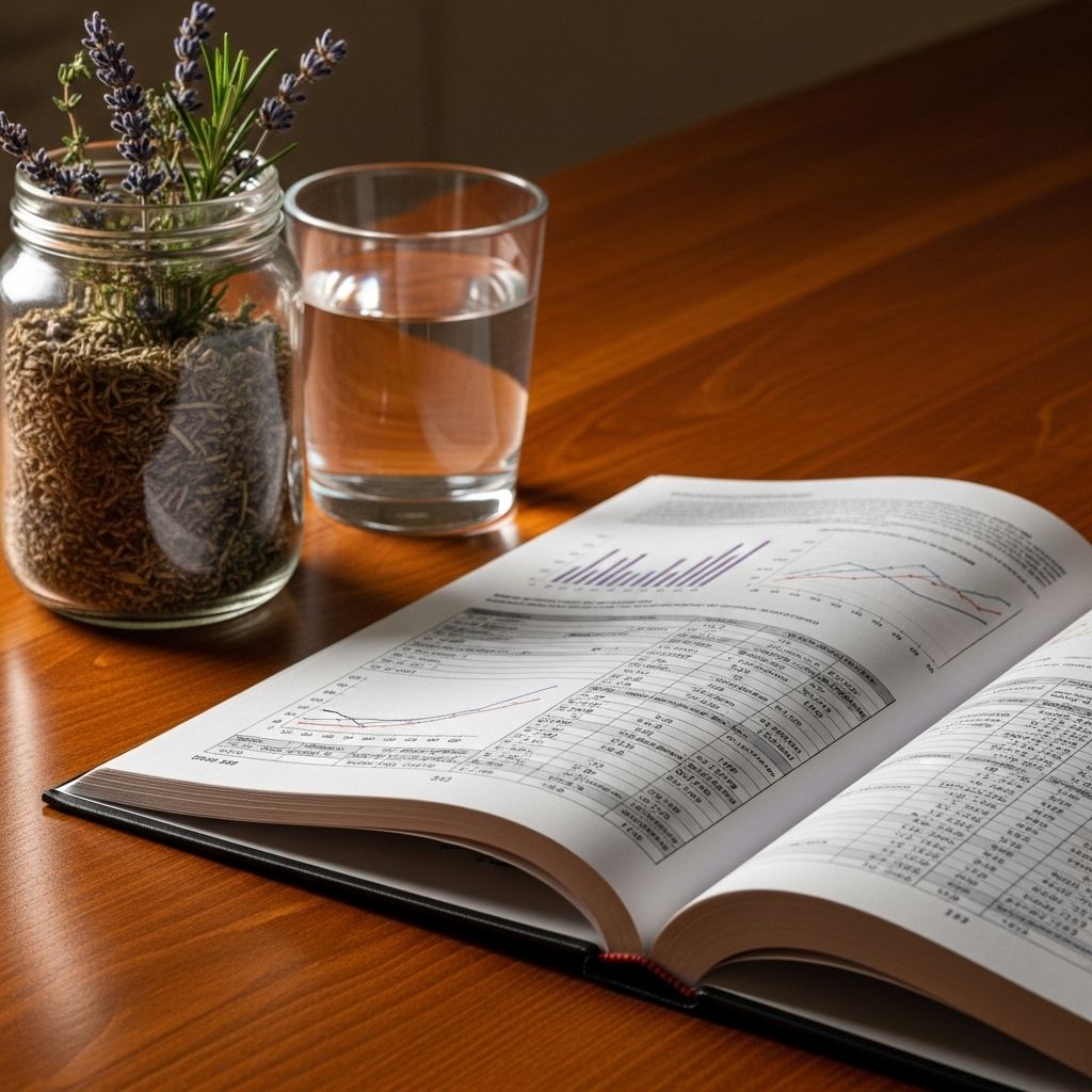 Otwarta książka naukowa z widocznymi wykresami i tabelami badań leżąca na drewnianym biurku obok słoika z suszonymi ziołami i szklanką wody, nastrojowe ciepłe oświetlenie, brak marek